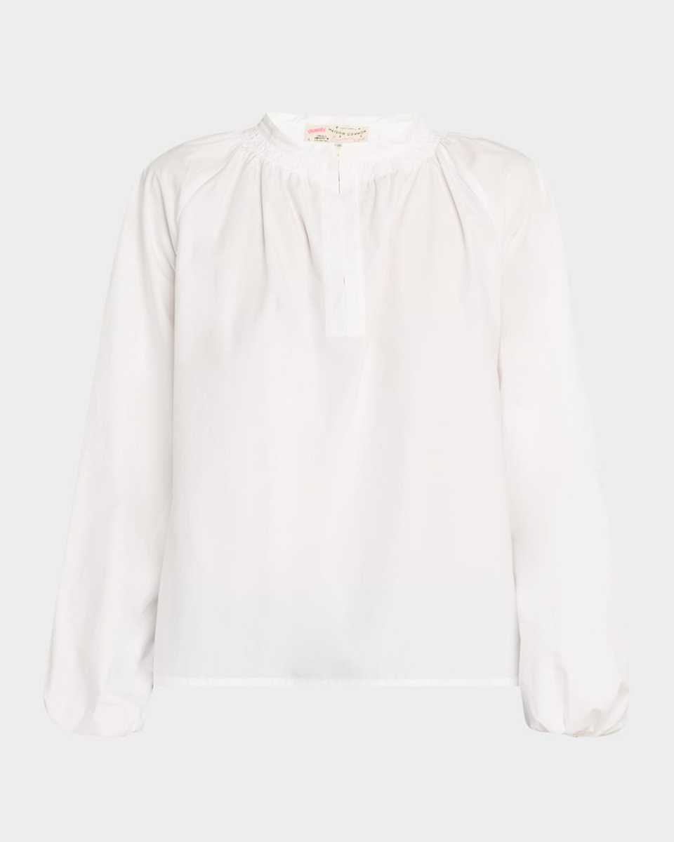 Ruched-Neck Long-Sleeve Cotton Blouse